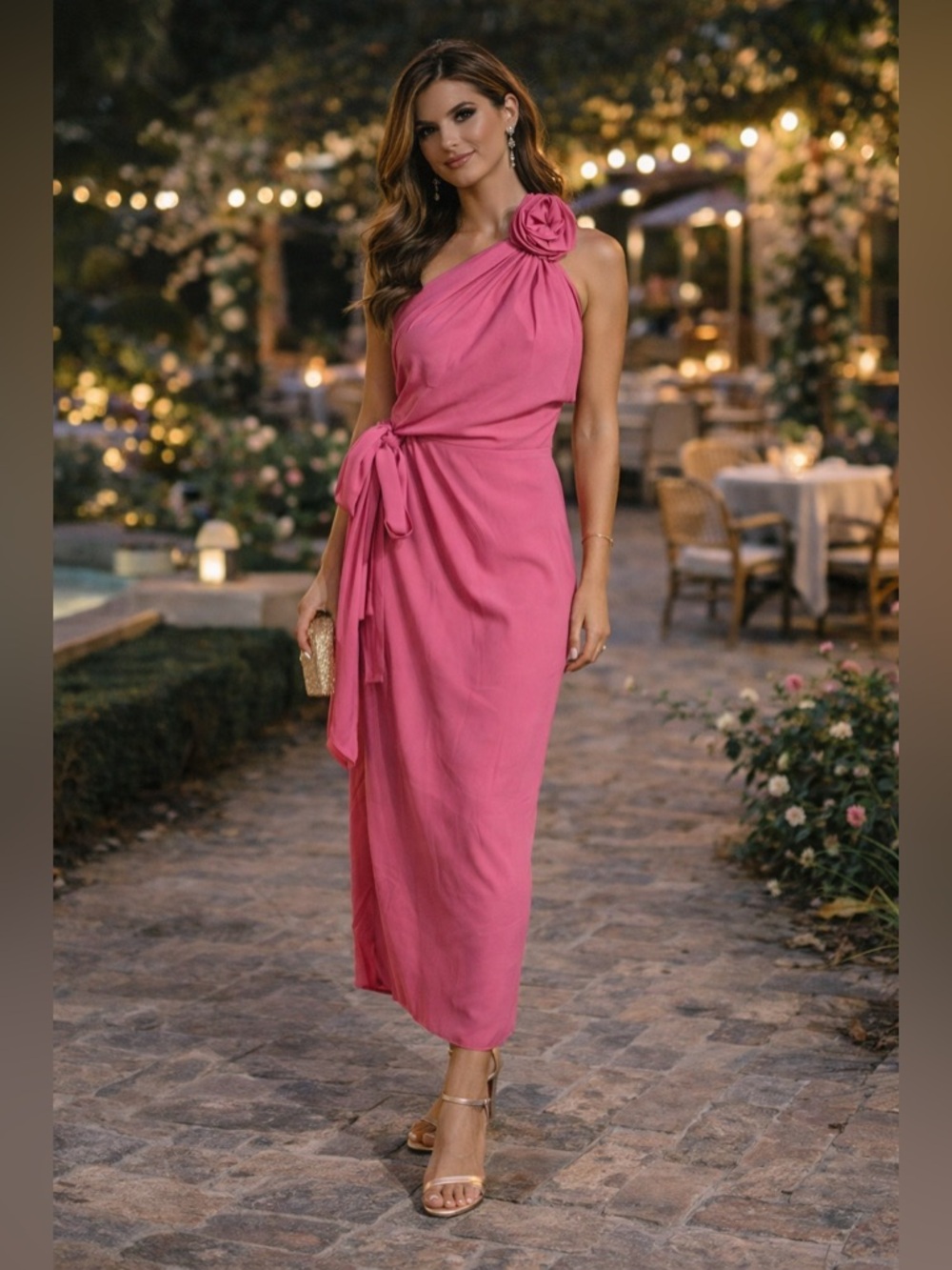 Azeeza Pink Silk One Shoulder Midi Dress Ruched Tie Waist XS